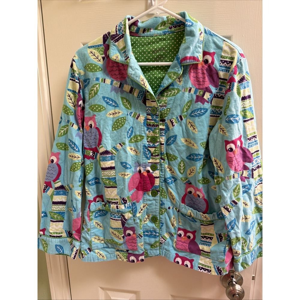 Nick & Nora Y2K Vintage Cotton Flannel Owl Pajama Set Sz M Turquoise Pajamas